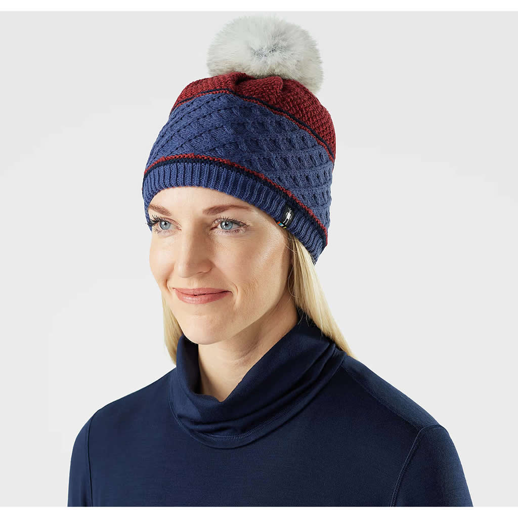Cable Knit Colorblock Pom Beanie
