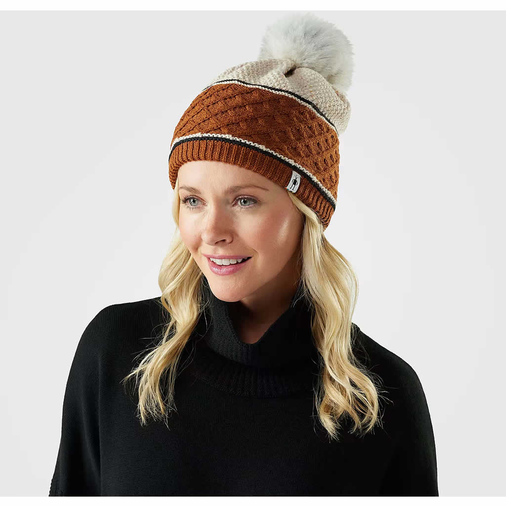 Cable Knit Colorblock Pom Beanie